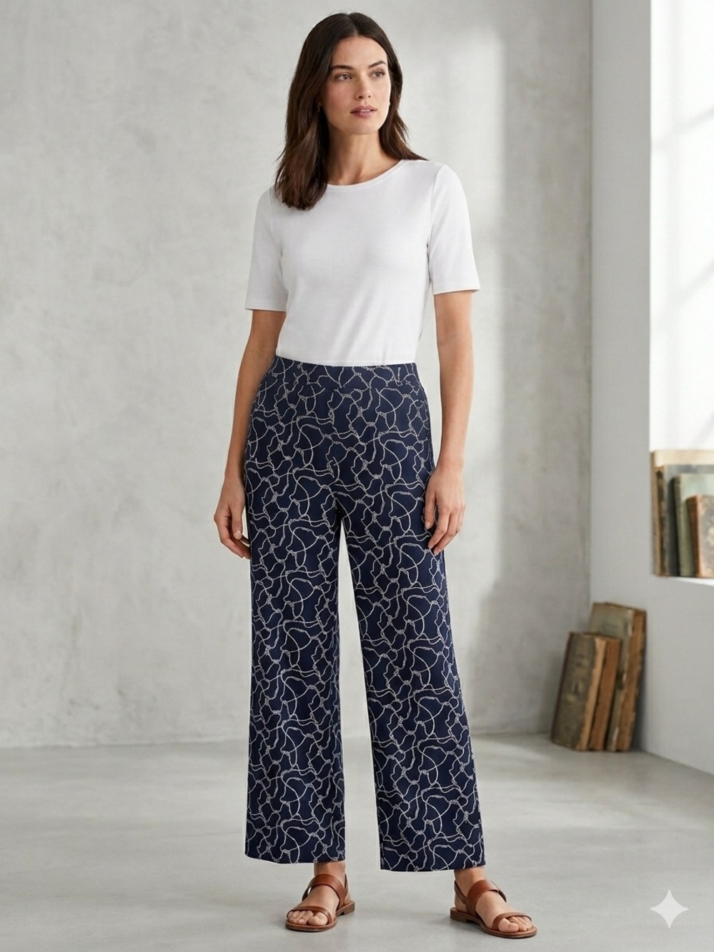 Talbots Vintage Navy Blue Nautical Rope Print Wide Leg Pants Size 4